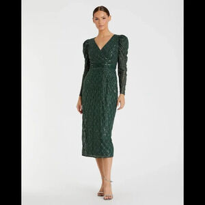 Mac Duggal Long Sleeve Beaded Lace Sequin Green Midi Cocktail Dress Sz 4 NWT